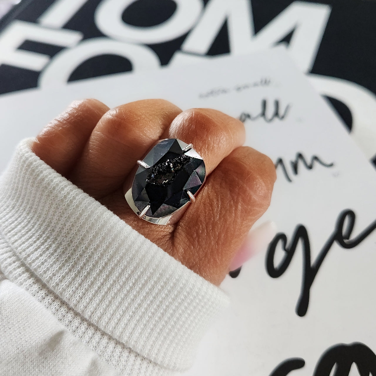 Black Faceted Druzy Ring - Silver
