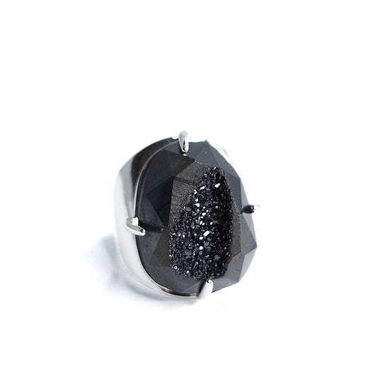 Black Faceted Druzy Ring - Silver