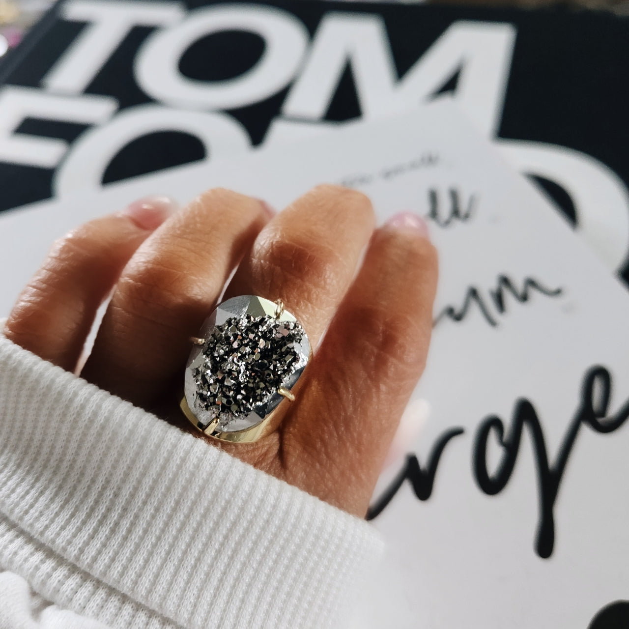Gunmetal Faceted Druzy Ring