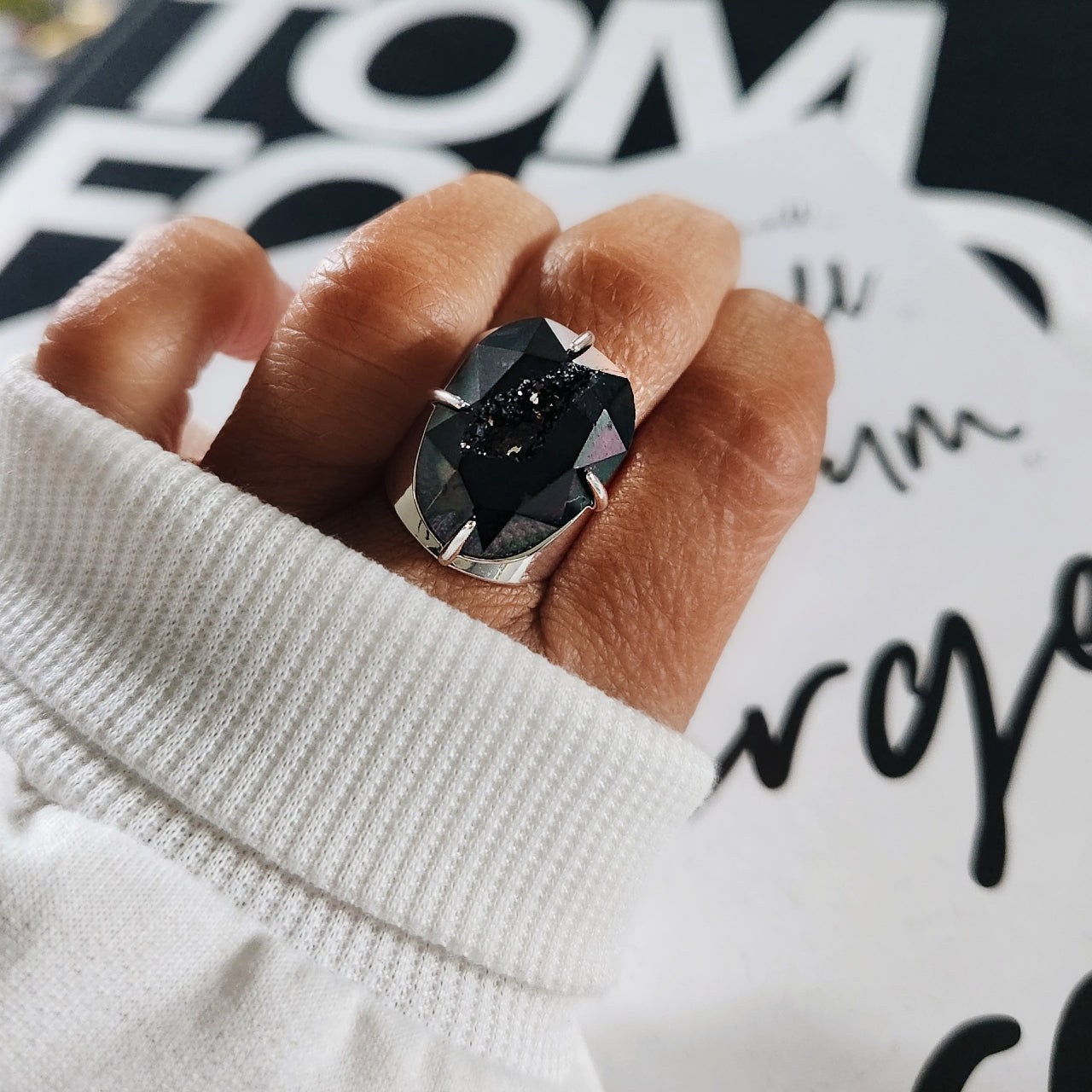 Black Faceted Druzy Ring - Silver