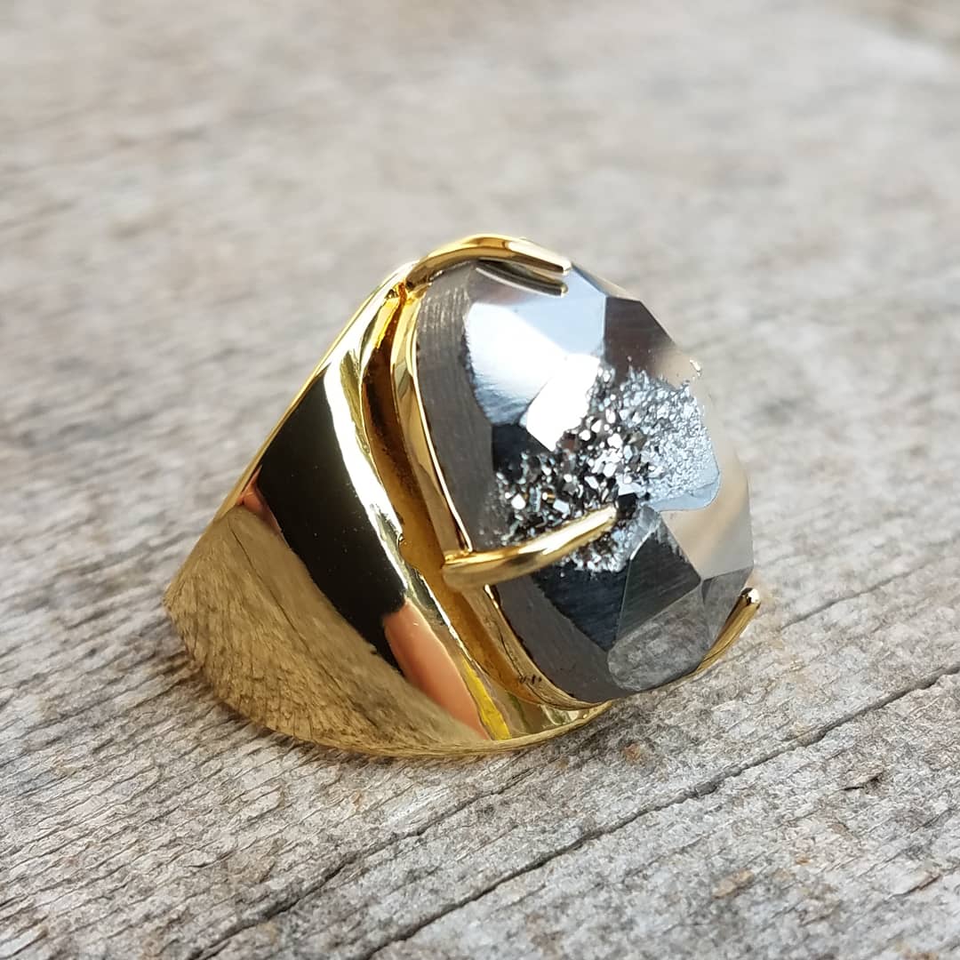 Gunmetal Faceted Druzy Ring - Silver